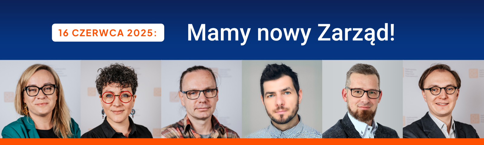 6 zdjęć portretowych osób z Zarządu. Tekst: „16 czerwca 2025: Mamy nowy Zarząd!”.