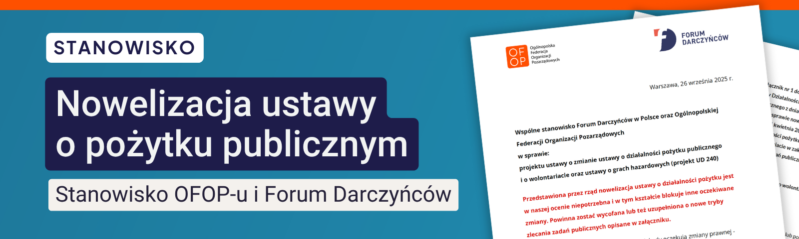 Nowelizacja ustawy o pożytku publicznym. Stanowisko OFOP-u i Forum Darczyńców
