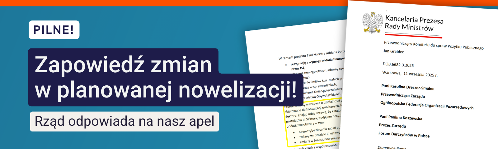 Pilne! Zapowiedź zmian w planowanej nowelizacji! Rząd odpowiada na nasz apel.